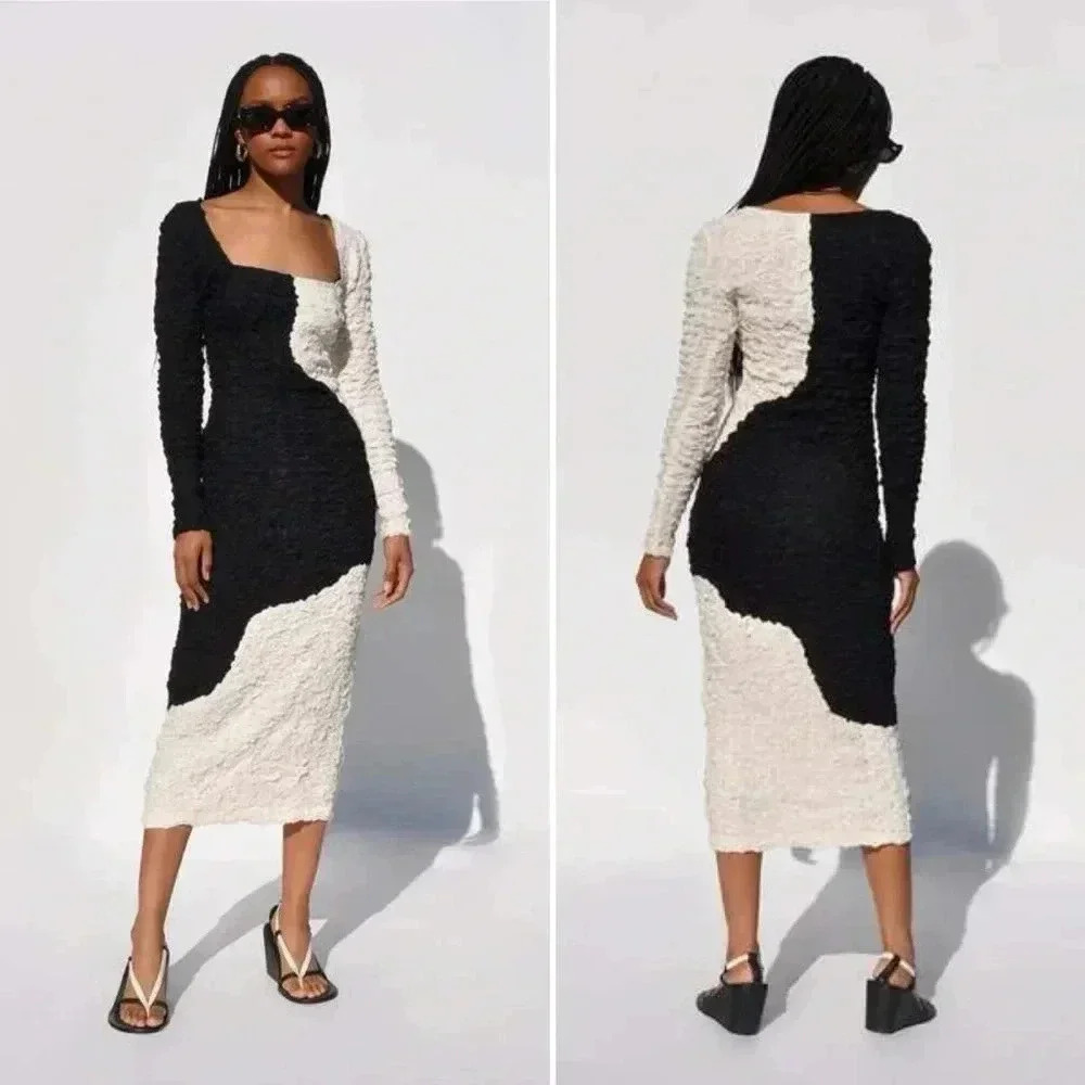 Mara Hoffman Black and White Colorblock Textured Long Sleeve Dress - Picture 7 of 8
